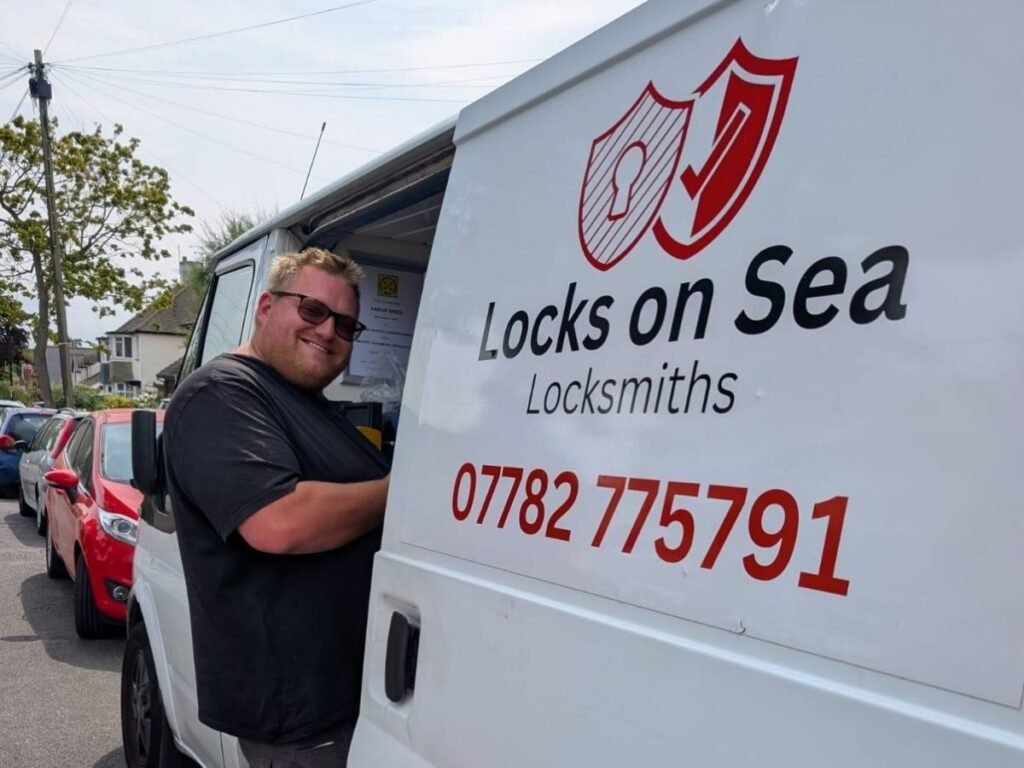 Aaron at locks on sea alongside his work van, allowing him to operate across southend and surrounding essex towns with fast, 24/7 assistance