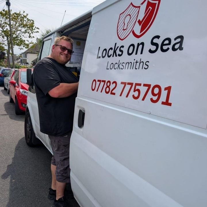 Aaron at locks on sea alongside his work van, allowing him to operate across rayleigh and surrounding postcodes, with fast, trusted auto locksmith assistance